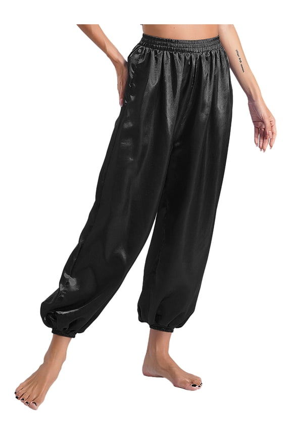 Belly Dance Harem Pants Casual Loose Solid Satin Bloomers Halloween Indian/Arabic Costume Black M