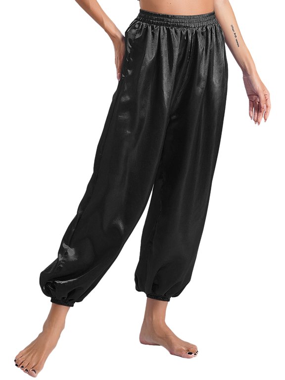 Belly Dance Harem Pants Casual Loose Solid Satin Bloomers Halloween Indian/Arabic Costume Black S