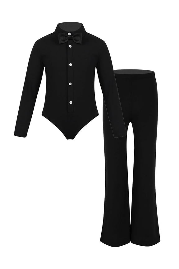Big Boys Professional Latin Jazz Modern Ballroom Dance Shirts Leotard Pants with Bowtie Black 12