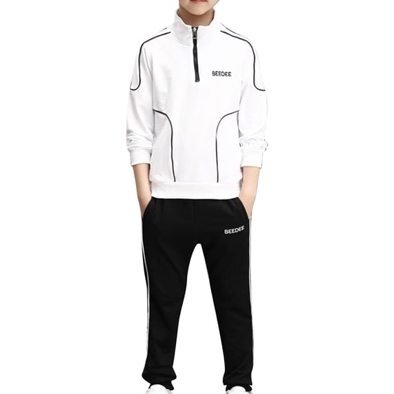 Vxuxlje Boys Workout Running Athletic Tracksuit Zipper Pullover Sweatshirt with Sweatpants 2 Pcs Set White 140