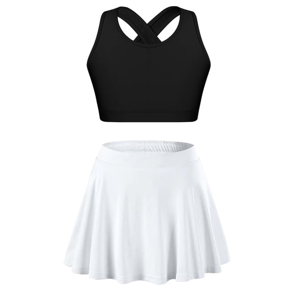 Vxuxlje Girls Dance Crop Tops with Flared Skater Skirts Set Gymnastics Ballerina Dancewear 2 Piece Black&White 6