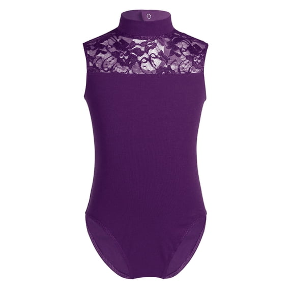 Vxuxlje Kid Girls Floral Lace Leotard Halter Mock Neck Gymnastics Ballet Dance Leotard Activewear Purple L