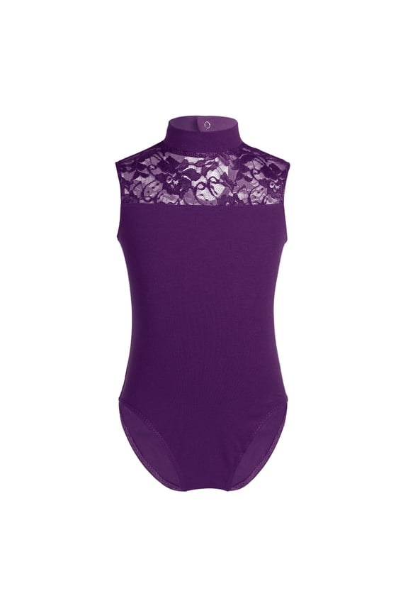 Kid Girls Floral Lace Leotard Halter Mock Neck Gymnastics Ballet Dance Leotard Activewear Purple XXL