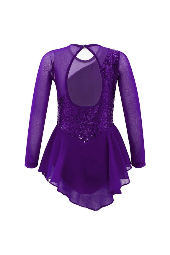 Kid Girls Mesh Splice Mock Neck Cutout Back Gymnastics Leotard Figure Ice Skating Roller Purple 10