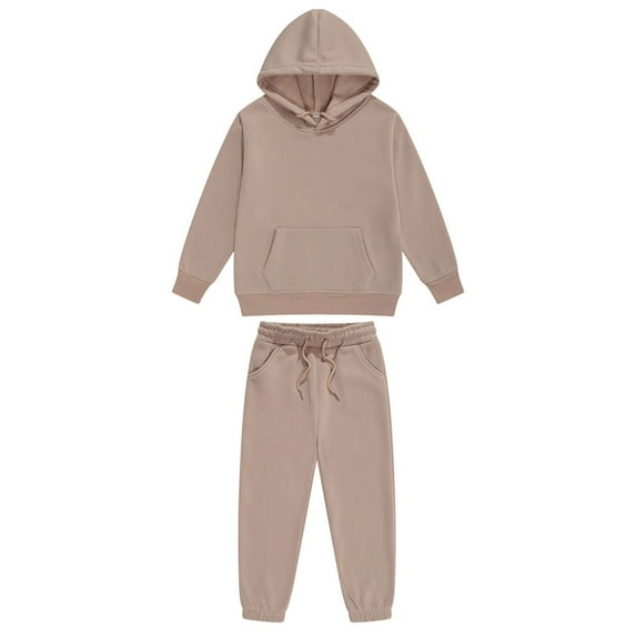 Vxuxlje Kids 2 Piece Sport Tracksuit Boys Girls Long Sleeve Drawstring Hoodie Sweatshirt with Jogger Light Brown 130