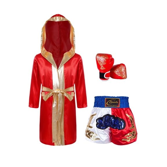 Vxuxlje Kids Boys Boxing Costume Satin Hooded Muay Thai Boxing Robe Martial Arts Shorts Boxing Gloves Burgundy&Blue 14
