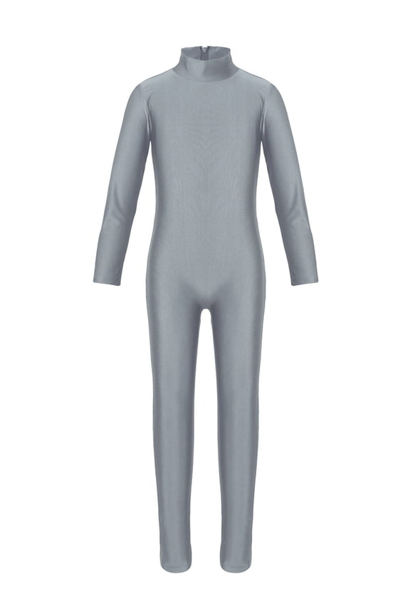 Kids Boys Girls Spandex Turtleneck Long Sleeve Unitard Jumpsuit Full Length Gymnastic Leotard Dark Grey XL