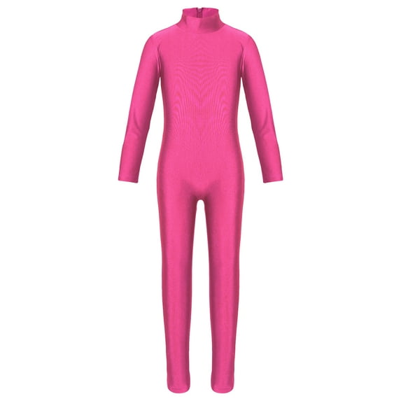 Vxuxlje Kids Boys Girls Spandex Turtleneck Long Sleeve Unitard Jumpsuit Full Length Gymnastic Leotard Rose M