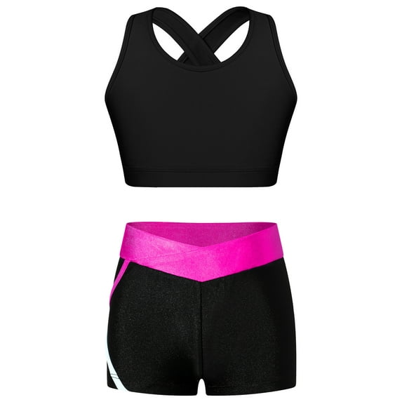 Vxuxlje Kids Girl Sport Outfits 2 Piece Tank Sport Bras Booty Shorts Training Athletic Clothes Black&Rose 16