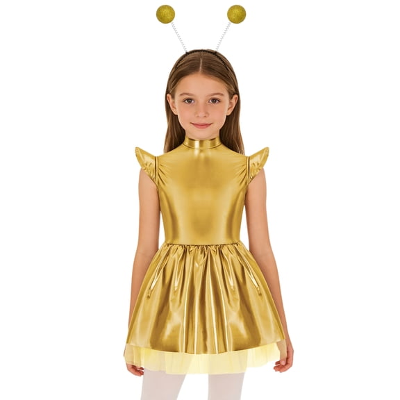 Vxuxlje Kids Girls Alien Outfits Mock Neck Shiny Metallic Robot Dress with Headband 2pcs Set Gold 6