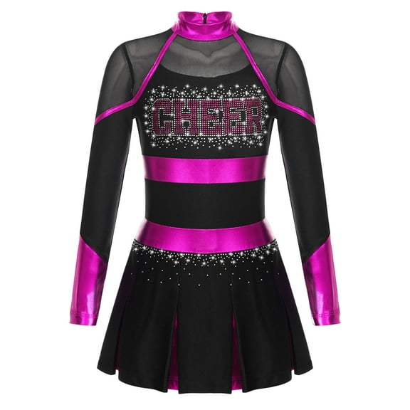 Vxuxlje Kids Girls Cheerleading Dress Cheer Leader Sequins Long Sleeve Dress with Flower Balls Black&Hot Pink 8