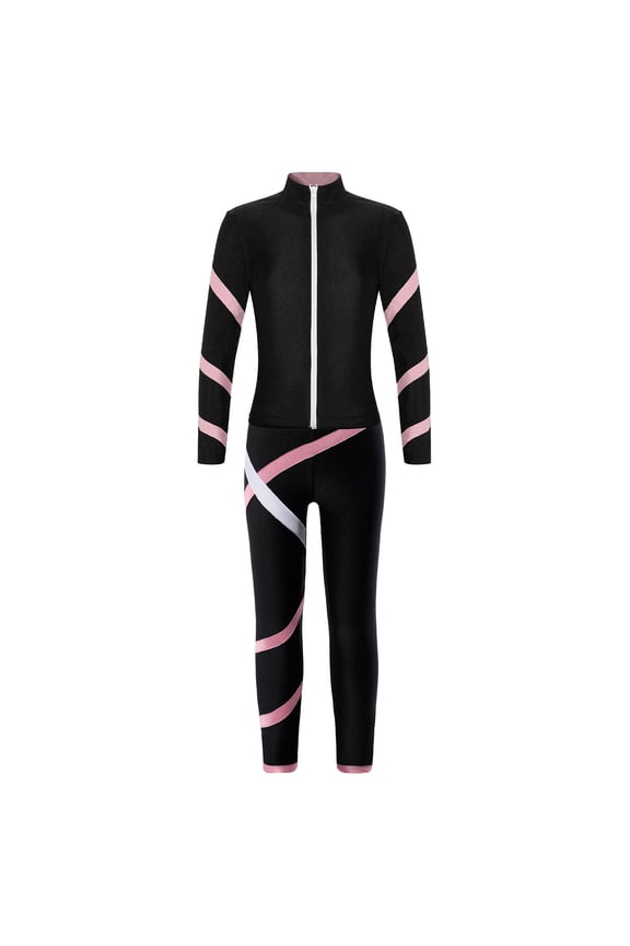 Kids Girls Figure Skating Training Suit Zipper Stand Collar Long Sleeve Jacket with Pants Pink 10