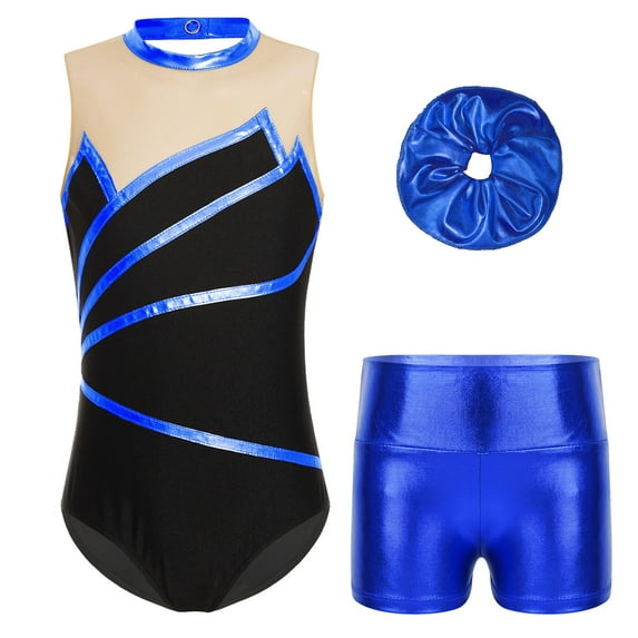 Vxuxlje Kids Girls Gymnastic Ballet Dance Outfit Metallic Sleeveless Leotard Bodysuit with Shorts Royal Blue 4