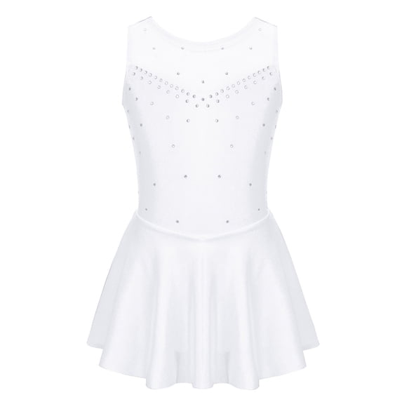 Vxuxlje Kids Girls Ice Skating Sparkle Diamond V-shaped Sheer Tulle Splice Leotard A-line Dress for White 10