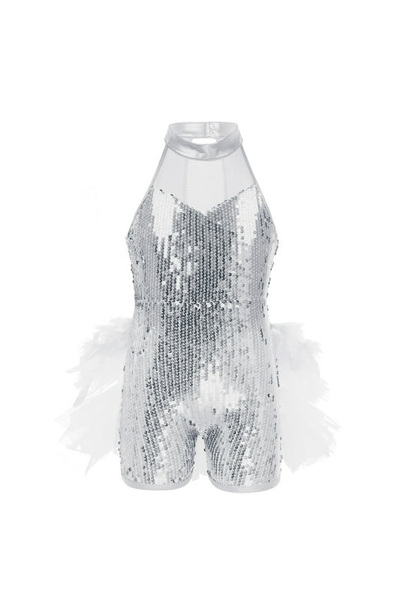 Kids Girls Sequined Hip-Hop Jazz Street Dance Leotard Unitard Jumpsuit Ballet Dancing Stage White 8