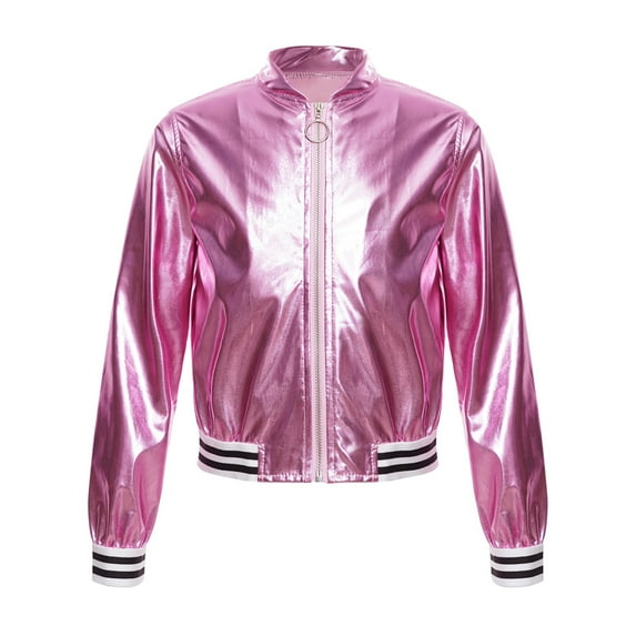 Vxuxlje Kids Girls Shiny Metallic Baseball Jacket Long Sleeve Sparkle Holographic Bomber Jacket Coat Pink 16