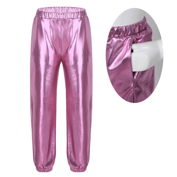Vxuxlje Kids Hip Hop Dance Pants Shiny Metallic Jazz Trousers Boys Girls Sparkly Sweatpants Pink 16