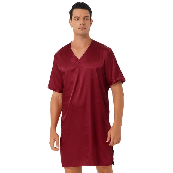 Vxuxlje Men Satin Nightgown V Neck Short Sleeve Side Split T-Shirts Night Dress Sleepwear Pajamas Burgundy M