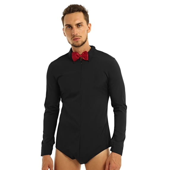 Vxuxlje Men's Latin Modern Dance Leotard Bodysuit Long Sleeves Solid Color Zipper Bowtie Shirt Tops Black L