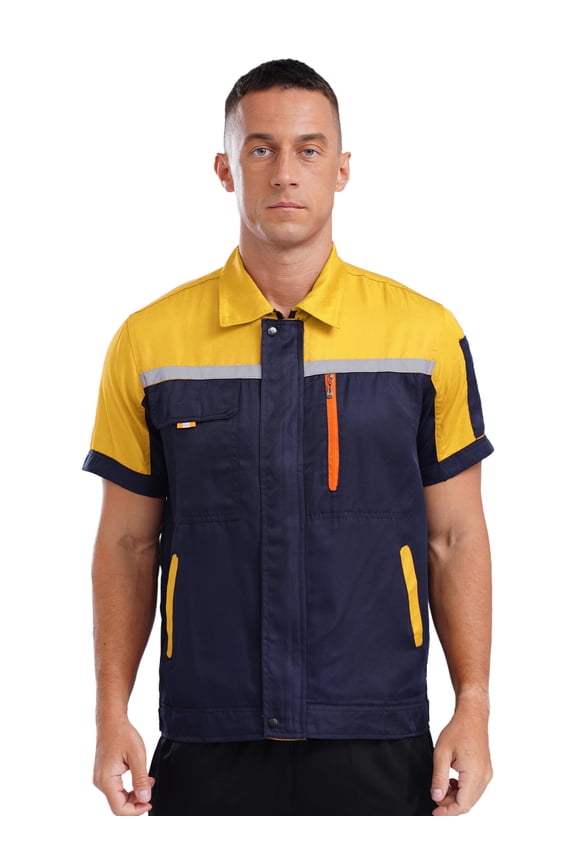 Mens Long Sleeve Reflective Stripes Work Jacket Work Shirt Mechanic Uniform Zipper Factory Yellow&Navy Blue 165/M