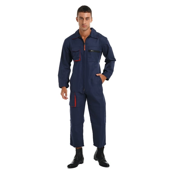 Vxuxlje Mens Long Sleeve Zipper Coverall Loose Lightweigt Work Jumpsuit Action Back Construction Navy Blue M