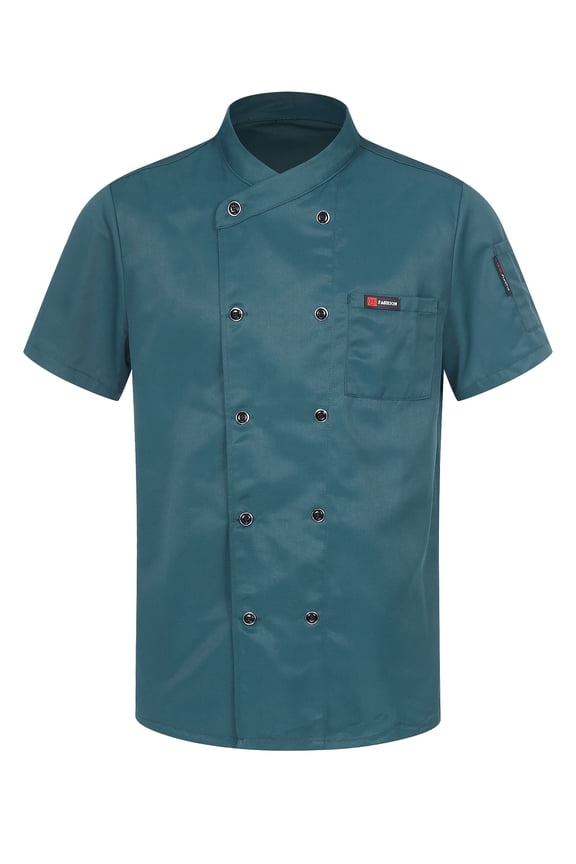 Unisex Mens Womens Chef Coat Kitchen Work Shirts Restaurant Hotel Uniform Tops Cook Jacket Lake Blue Short Sleeve 4XL
