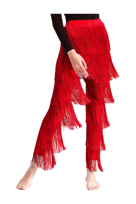 Women Fringe Tassel Latin Dance Pant Trouser Tiered Samba Cha Cha Tango Performance Dancewear Red XXL