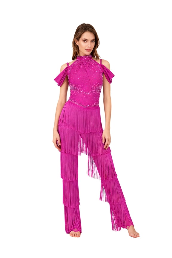 Women Latin Samba Dance Rompers Rhinestones Tiered Tassel Halter Off Shoulder Backless Jumpsuit Hot Pink S