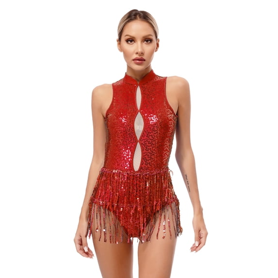 Vxuxlje Women Shiny Tassels Shiny Sequins Ballroom Latin Dance Leotard Flowy Fringe Bodysuit Red XXL