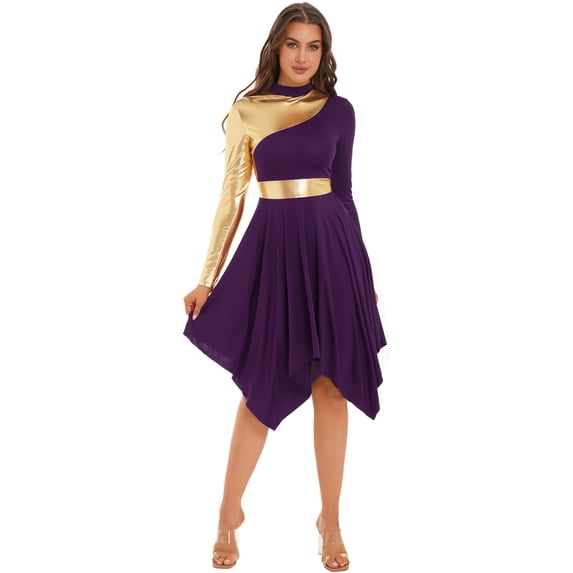 Vxuxlje Women's Color Block Long Sleeve Liturgical Praise Dance Dress Lyrical Worship Dancewear Dark Purple M