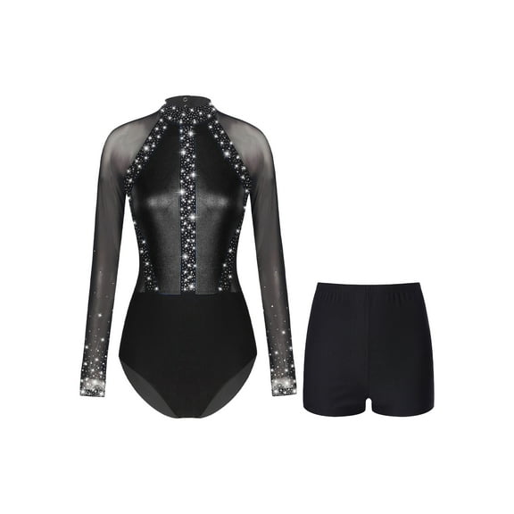 Vxuxlje Womens Shiny Metallic Long Sleeve Ballet Leotard Shiny Rhinestone Gymnastcis Bodysuit with Black L