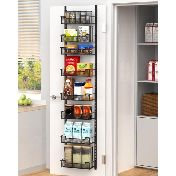 VyGrow 12.3" W Narrow Over the Door Pantry Organizer, 8-Tier Over the Door Organizer with Adjustable Basket, Pantry Organization for Pantry Kitchen Storage Room Spice Rack, Black