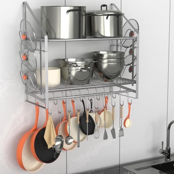 VyGrow 28 inch Pot Rack Wall Mounted, 2 Tier Pots and Pans Organizer with 20 Hooks and 6 Pot Lid Holders, Heavy Duty Steel Pot and Pan Hanger for Kitchen Cookware Utensils Storage, Silver