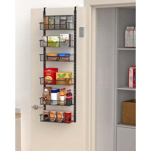 VyGrow 6-Tier 12.3" W Narrow Over the Door Pantry Organizer with Adjustable Basket, Pantry Door Organization for Pantry Kitchen Storage Room Spice Rack, Black