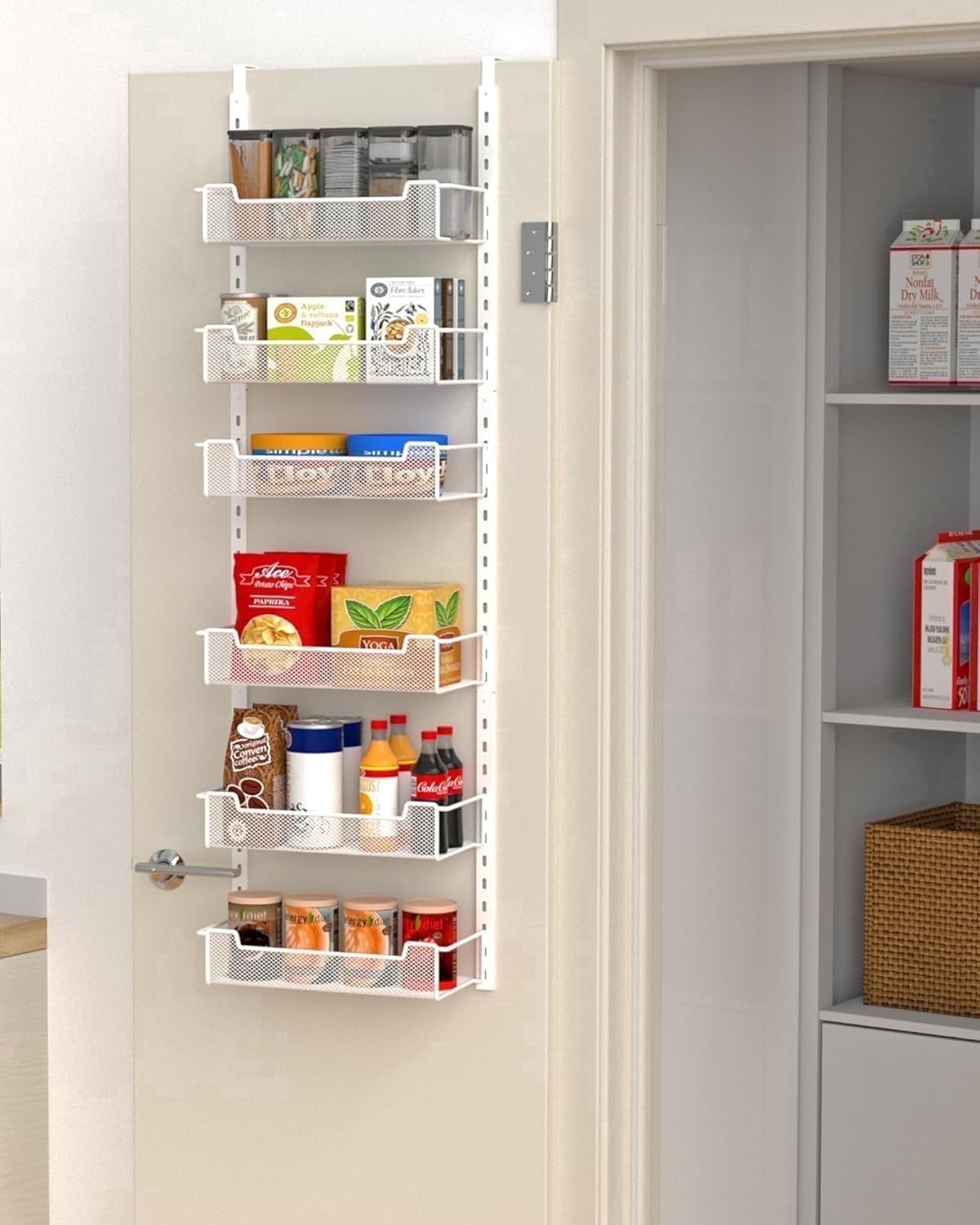 VyGrow 6-Tier 12.3" W Narrow Over the Door Pantry Organizer with Adjustable Basket, Metal Door Organization for Kitchen Storage Room Spice Rack, White