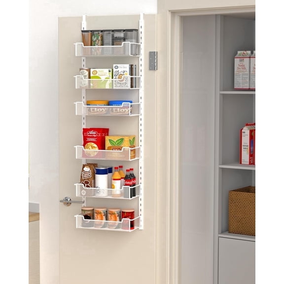 VyGrow 6-Tier 12.3" W Narrow Over the Door Pantry Organizer with Adjustable Basket, Metal Door Organization for Kitchen Storage Room Spice Rack, White