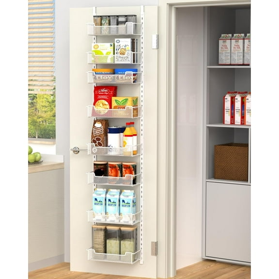 VyGrow 8-Tier 12.3" W Narrow Over the Door Pantry Organizer with Adjustable Basket, Pantry Door Organization for Pantry Kitchen Storage Room Spice Rack, White
