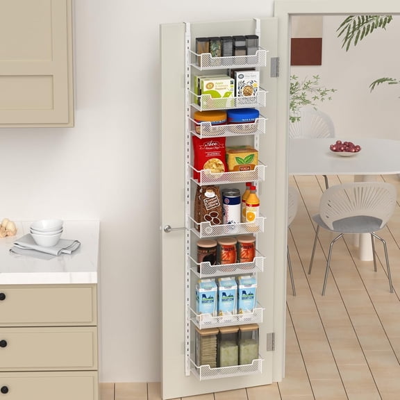 VyGrow 8-Tier 12.3" W Narrow Over the Door Pantry Organizer with Adjustable Basket, Pantry Door Organization for Pantry Kitchen Storage Room Spice Rack, White
