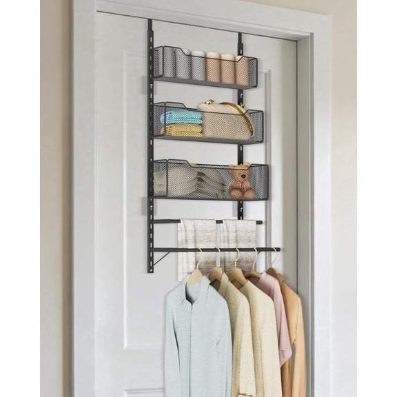 VyGrow Over the Door Storage Organizer with 3 Tier Mesh Baskets 2 Hanging Rods, 2 Mounting Options, Heavy Duty Clothes Hanger & Towel Rack for Bathroom Bedroom Office, Black