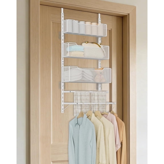 VyGrow Over the Door Storage Organizer with 3 Tier Mesh Baskets 2 Hanging Rods, 2 Mounting Options, Heavy Duty Clothes Hanger & Towel Rack for Bathroom Bedroom Office, White
