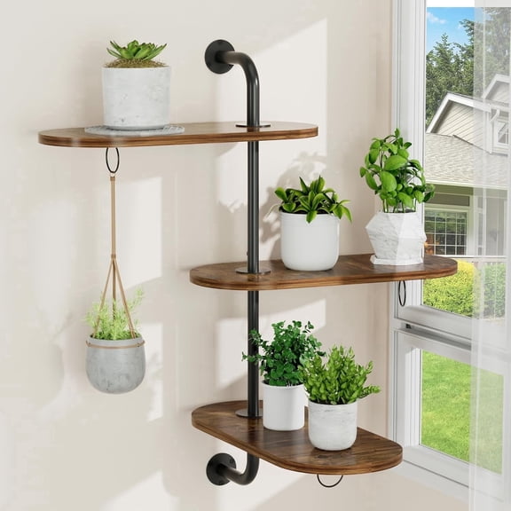 VyGrow Rotating Window Plant Shelves with 3 Anti-slip Mats, 3 Tier Wooden Hanging Plant Stand for Indoor Outdoor, Brown