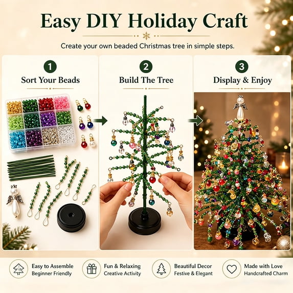 Vyadriel DIY Beaded Christmas Tree Kit Holiday Craft Set with Colorful Beads Ornament Charms