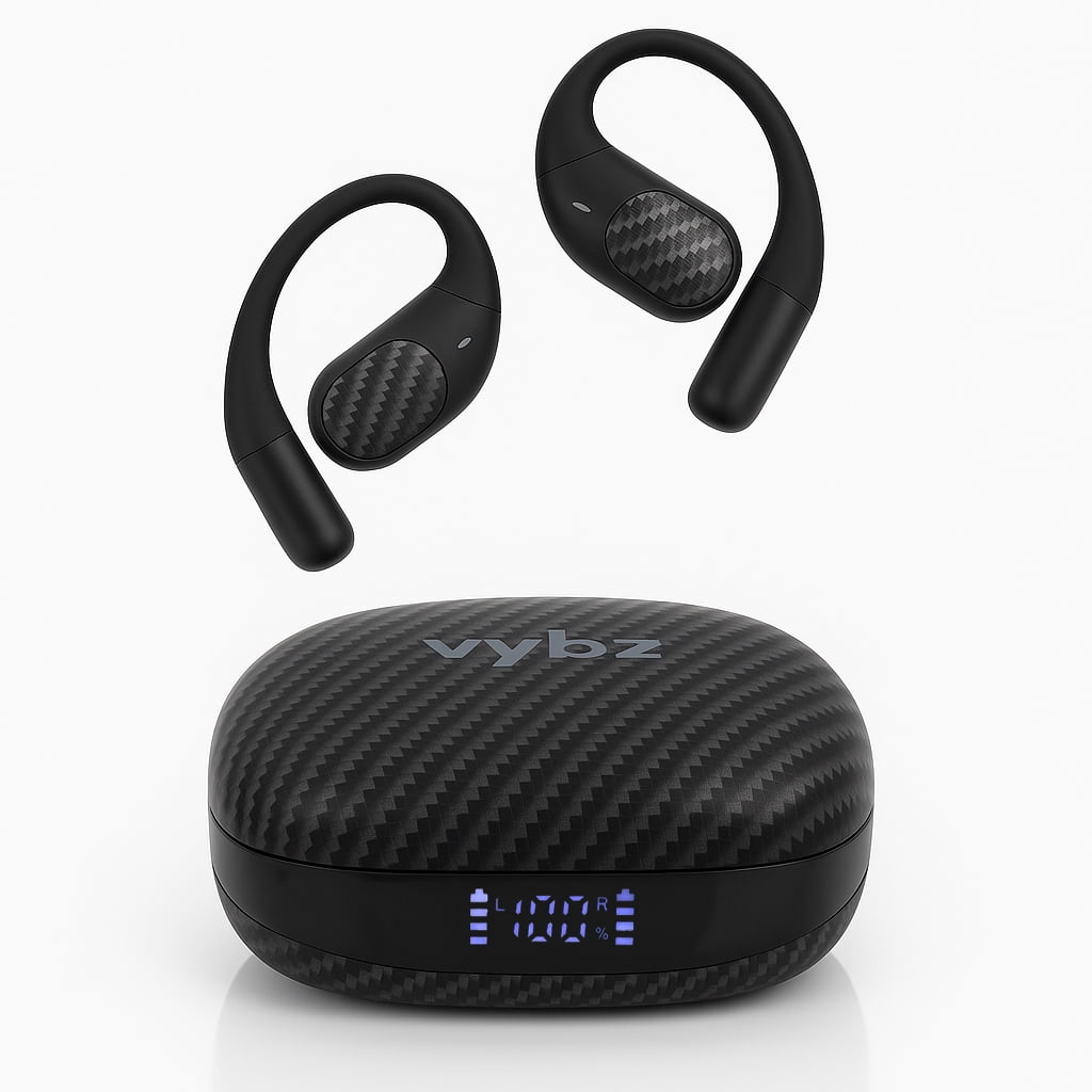 Vybz Open-Ear True Wireless Headphones with Charging Case, 26-Hour Battery, Bluetooth 5.3, Dual Mics, Lightweight Fit