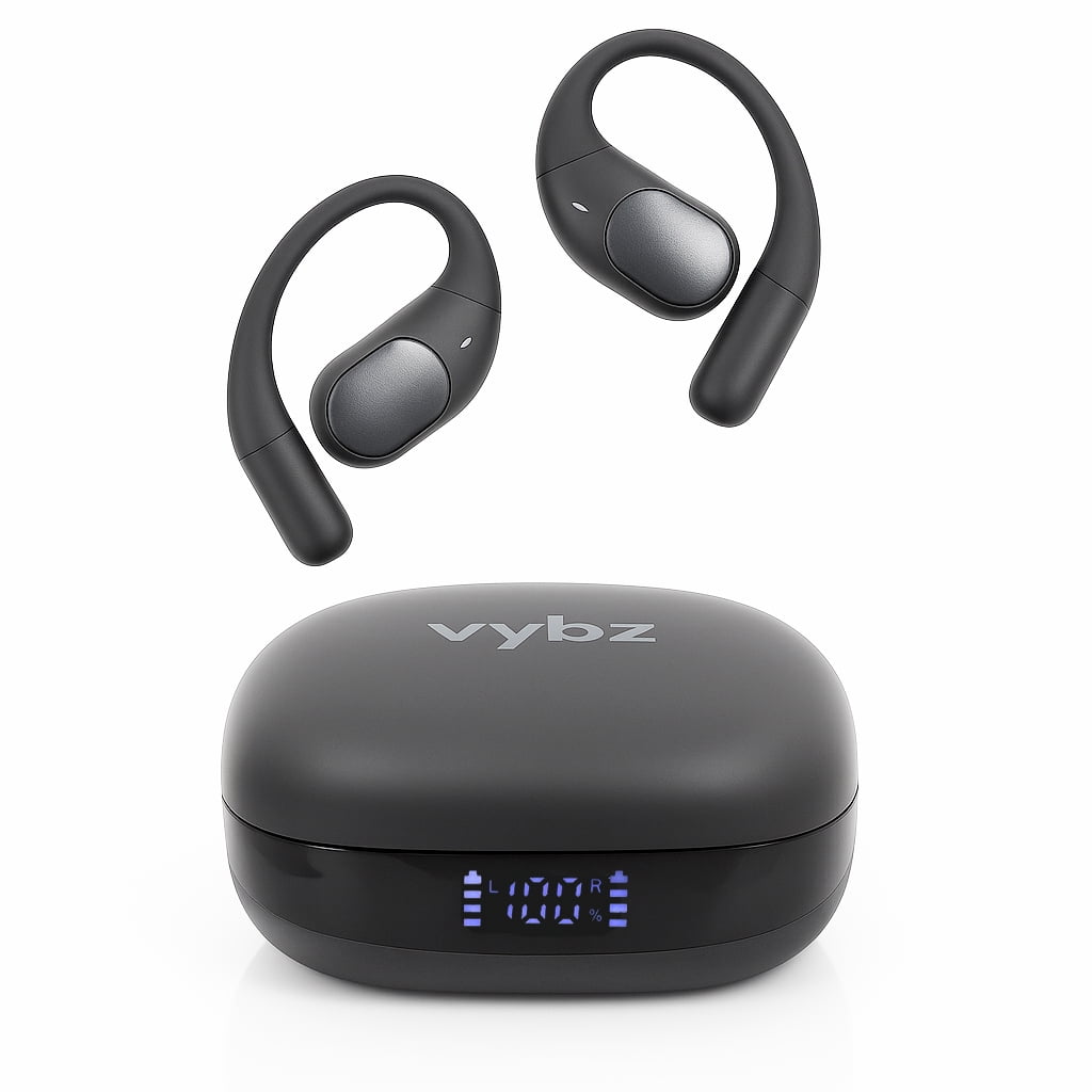 Vybz Open-Ear True Wireless Headphones with Charging Case, 26-Hour Battery, Bluetooth 5.3, Dual Mics, Lightweight Fit