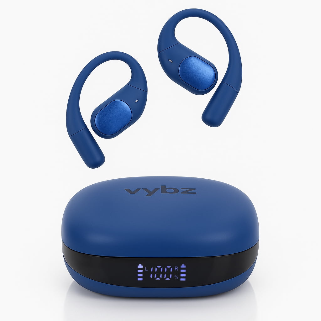 Vybz Open-Ear True Wireless Headphones with Charging Case, 26-Hour Battery, Bluetooth 5.3, Dual Mics, Lightweight Fit