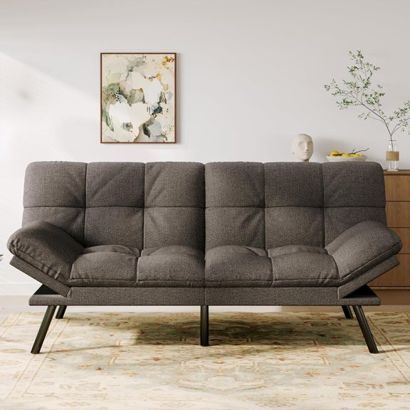 Vyfipt Convertible Futon Sofa Bed, 71" Memory Foam Futon Couch with Detachable,Adjustable Backrest,Linen Fabric Folding Small Loveseat Sleeper for for Living Room,RV,Office,Apartment,Dark Grey