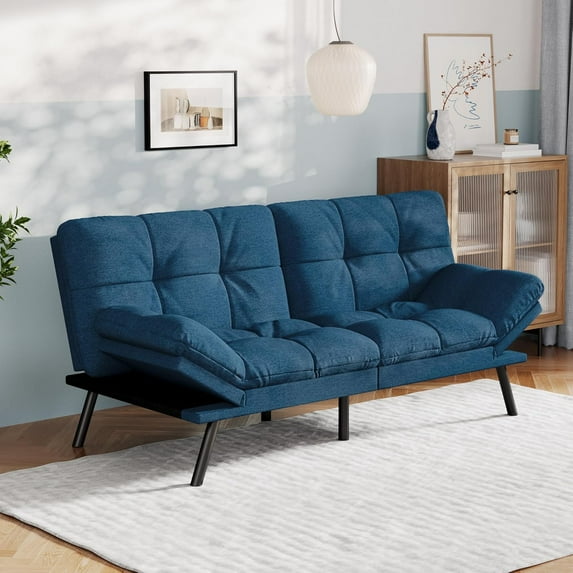 Vyfipt Convertible Futon Sofa Bed, Blue Linen Futon Couch with Adjustable Backrest & Armrests, Folding Small Recliner Sleeper Sofa Bed for Living Room, Apartment, Office