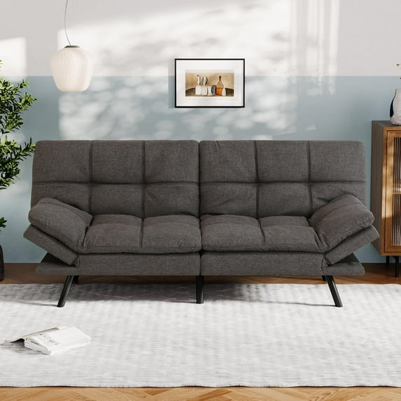 Vyfipt Convertible Futon Sofa Bed, Grey Linen Futon Couch with Adjustable Backrest & Armrests, Folding Small Recliner Sleeper Sofa Bed for Living Room, Apartment, Office