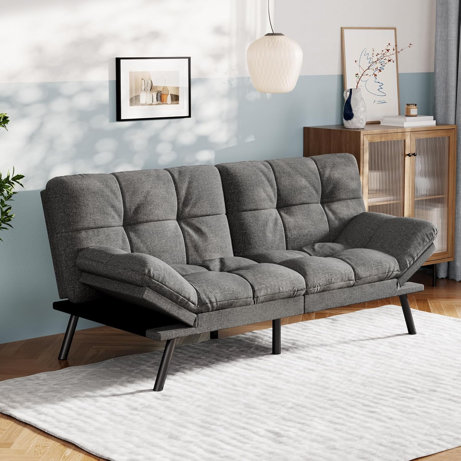 Vyfipt Convertible Futon Sofa Bed, Grey Linen Futon Couch with Adjustable Backrest & Armrests, Folding Small Recliner Sleeper Sofa Bed for Living Room, Apartment, Office