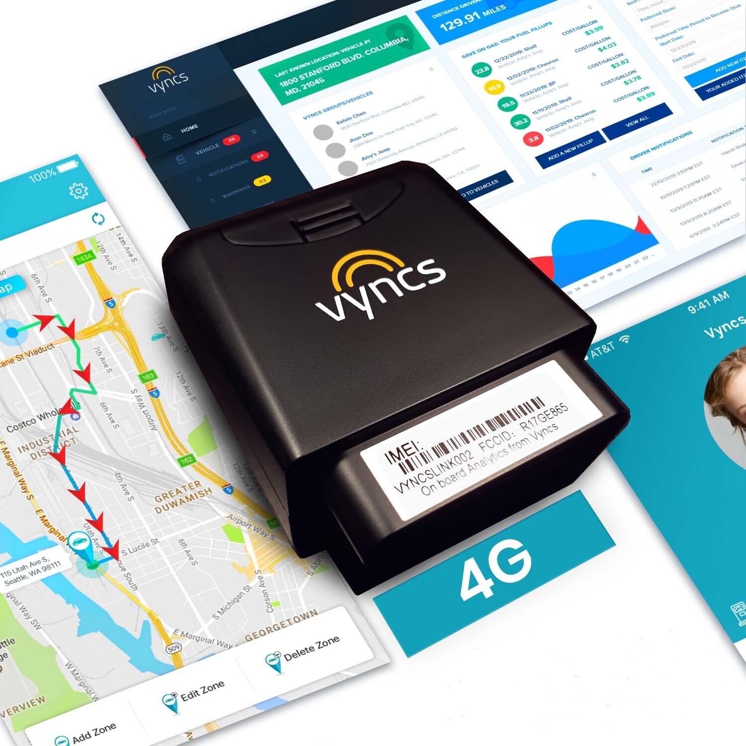 Vyncs - GPS Tracker for Vehicles 4G, No Monthly Fee, Vehicle Location, Trip History, Driving Alerts, GeoFence, Fuel Economy, OBD Fault Codes, USA-Developed, Family or Fleets, Activation Fee Required - image 1 of 7